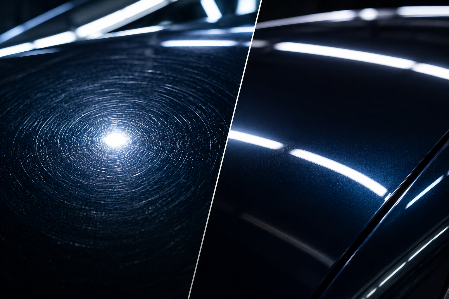 Autolak met hologrammen en polijststrepen, zichtbaar in sterke lichtreflecties.