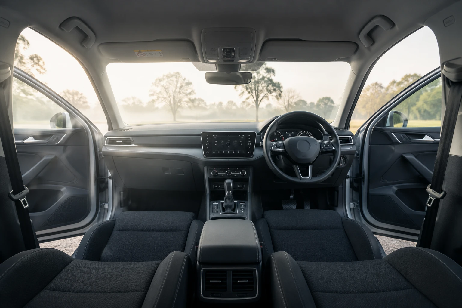Schoon auto-interieur met open portieren om geur en vocht uit de cabine te laten trekken